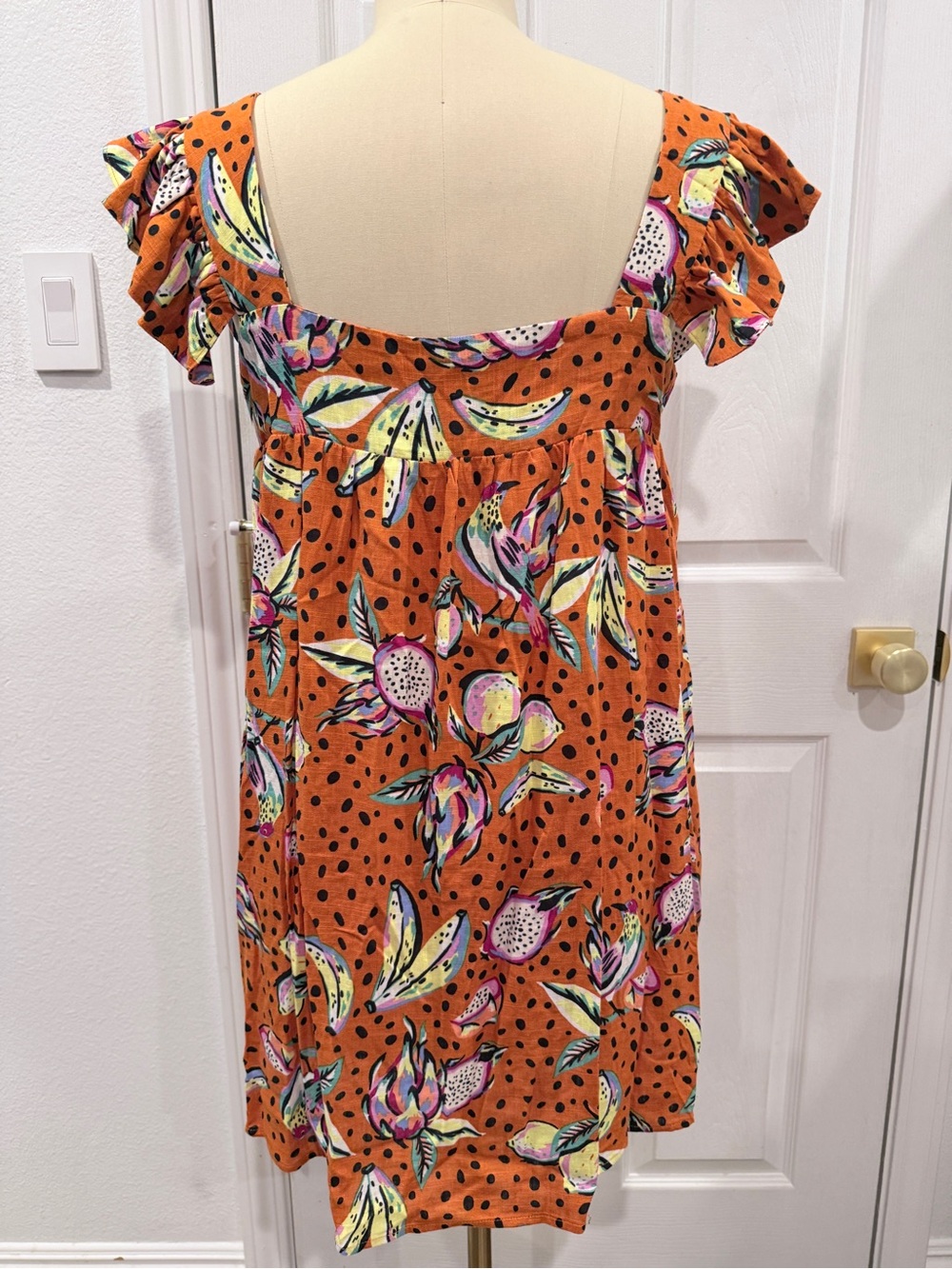 Kourt Women's Orange Fruit Print  Square-Neck Mini Dress with Flutter Sleeves - Picture 6 of 16